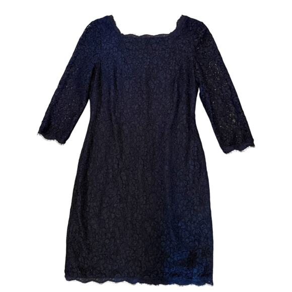 Adrianna Papell Blue Semi Formal 3/4 Sleeve Lace Sheath Dress Size 10P - Picture 3 of 6
